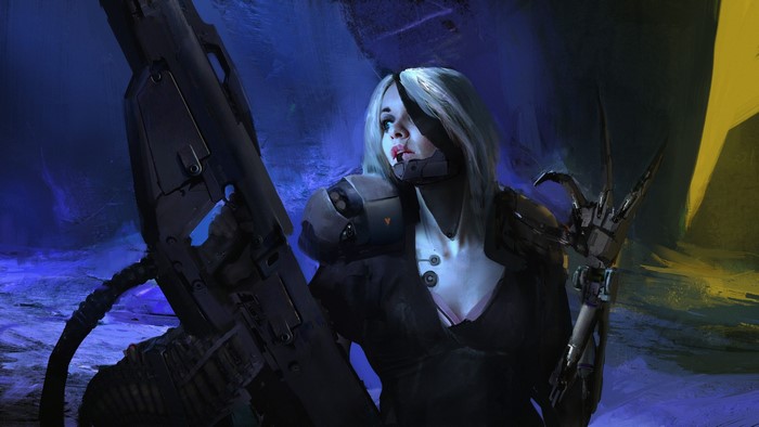 Woman with robotic arm and gun