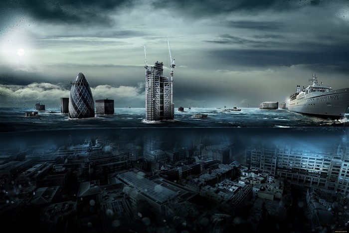 Split view of a flooded city with a ship and construction