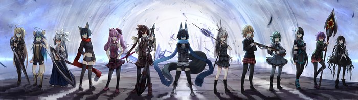 Group of anime characters with animal ears and weapons