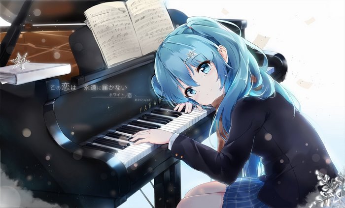 Anime girl with blue twintails playing piano