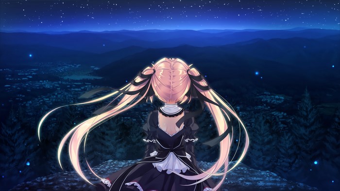 Anime girl with long blonde hair overlooking a starry night landscape