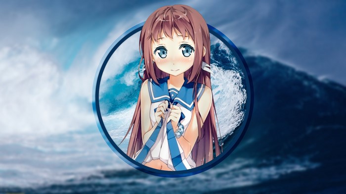 Anime girl in sailor uniform against ocean waves