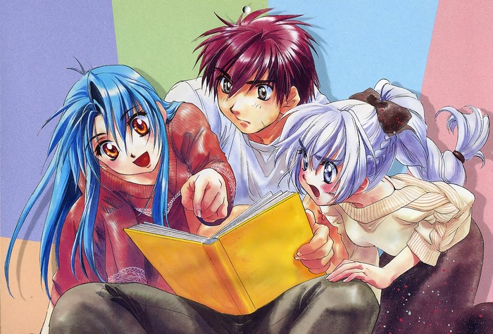Kaname Chidori, Sousuke Sagara, and Tessa Testarossa reading