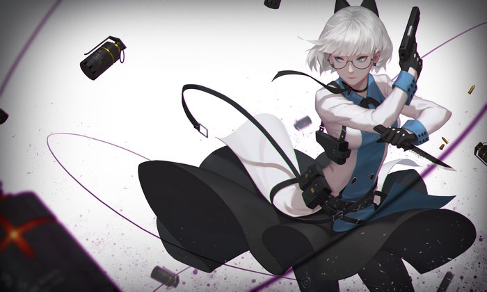 Anime girl with glasses, cat ears, holding gun and knife