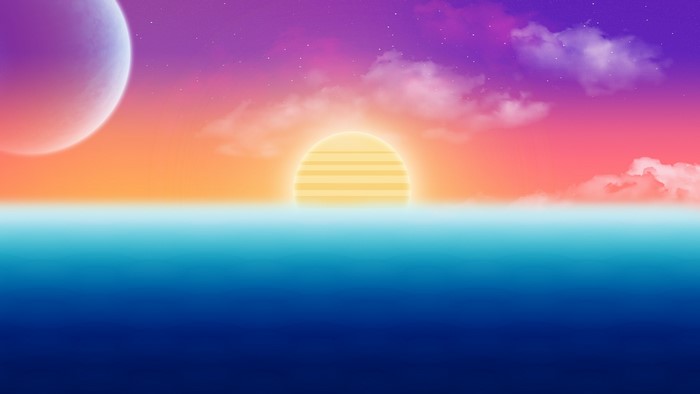 Retro sunset over ocean with planet and clouds