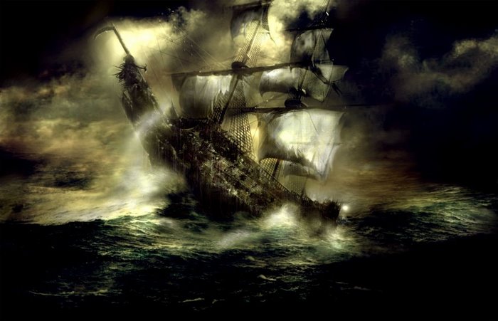 A haunted sailing ship in a stormy sea