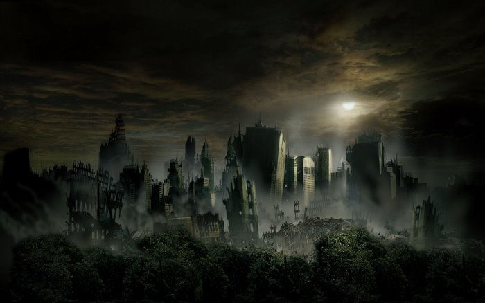 Apocalyptic ruined cityscape under a cloudy moonlit sky