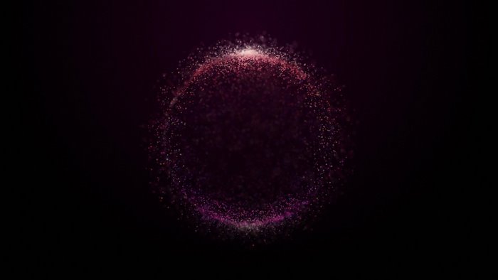 Abstract sphere of red and pink particles on black background