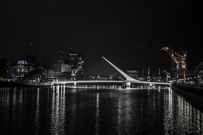 Puente de la Mujer bridge at night in Buenos Aires