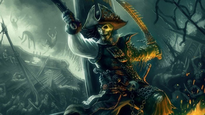 Undead pirate captain on a ship during a storm