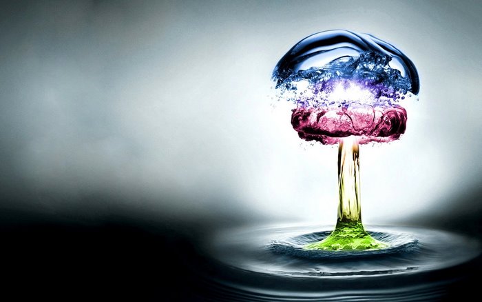 Explosion of colored water in a mushroom cloud shape