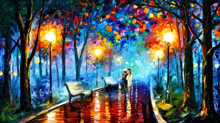 Park at night with street lights and rain