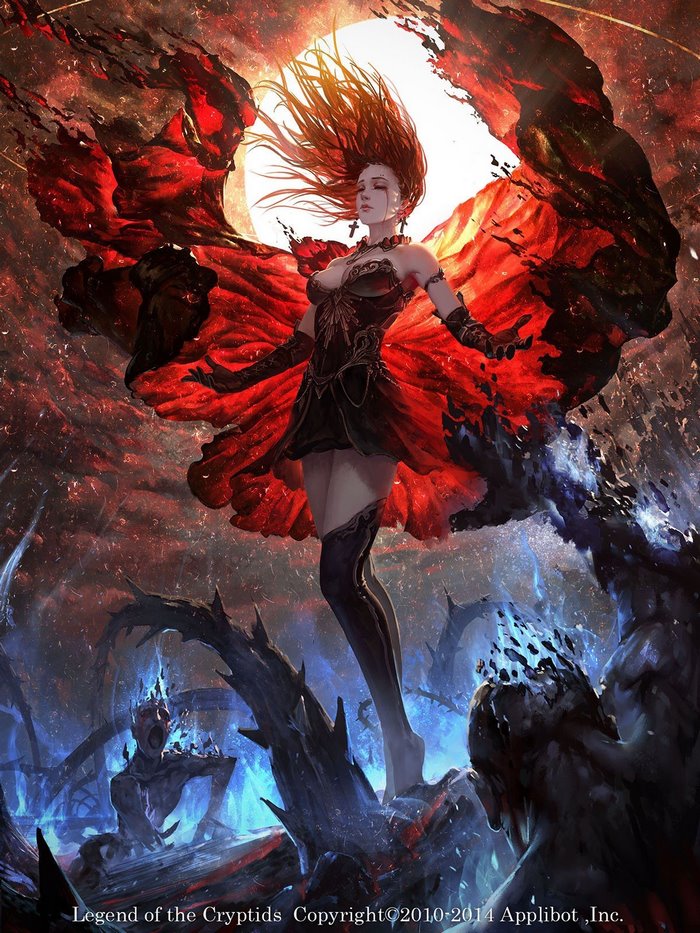 Anime Girl with Red Wings in Dark Fantasy