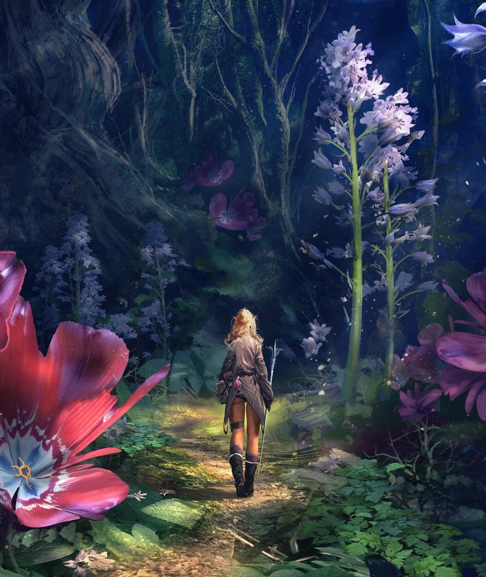 Fantasy warrior woman walking on a forest path
