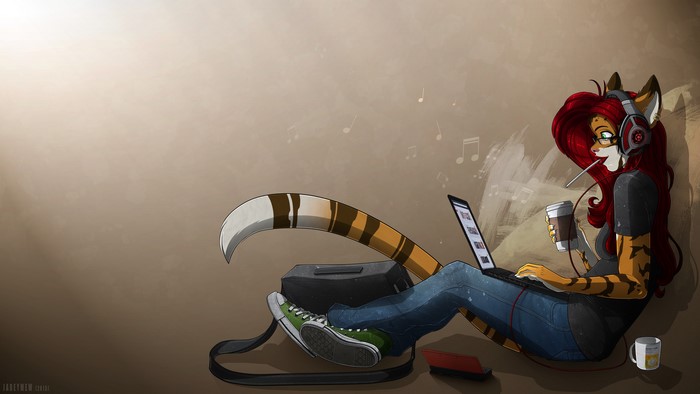 Furry character with laptop and headphones