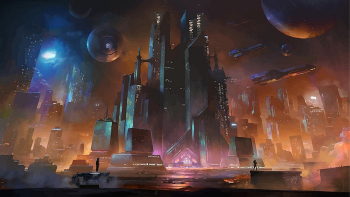 Futuristic fantasy cityscape with spaceships and planets