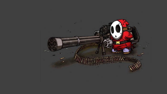Shy Guy from Super Mario with a Minigun