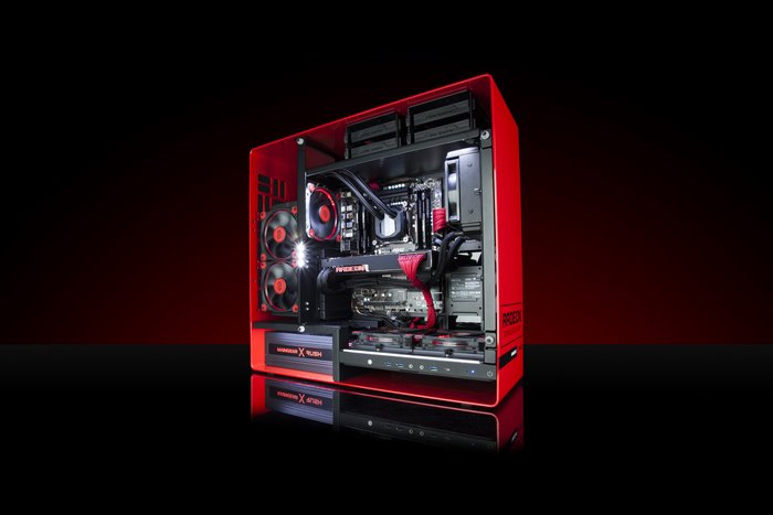 Red PC case with internal components and Radeon graphics card
