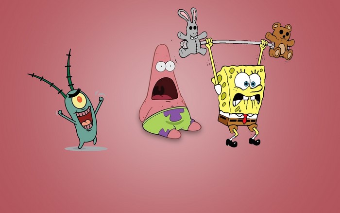 Plankton, Patrick, and Spongebob from Spongebob Squarepants lifting weights