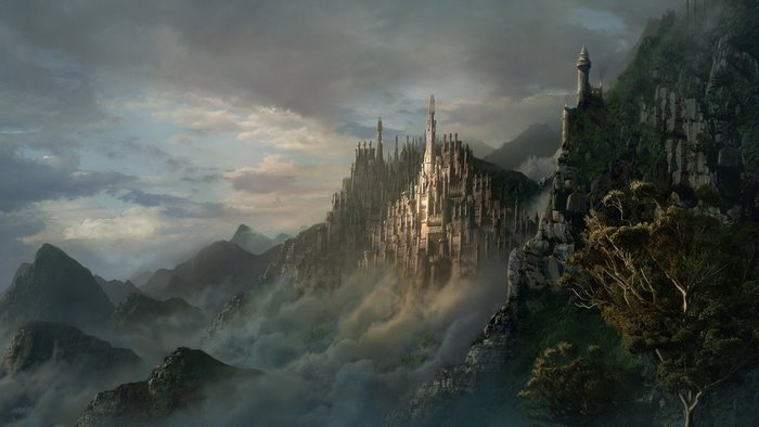 Fantasy castle on a mountain range with clouds