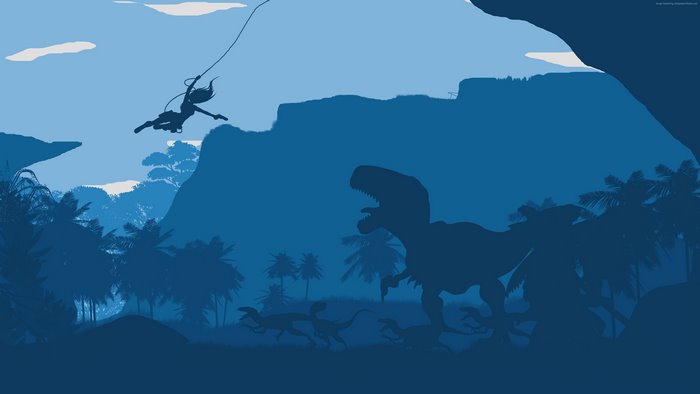 Lara Croft swinging past dinosaurs