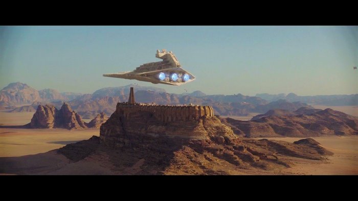 Star Destroyer over desert planet from Rogue One: A Star Wars Story