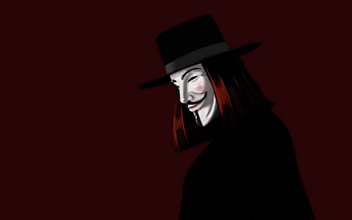 V from V for Vendetta wearing Guy Fawkes mask and hat