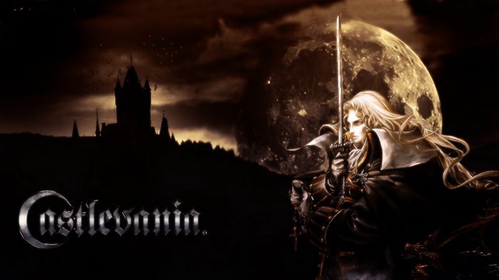 Alucard from Castlevania with a castle and moon