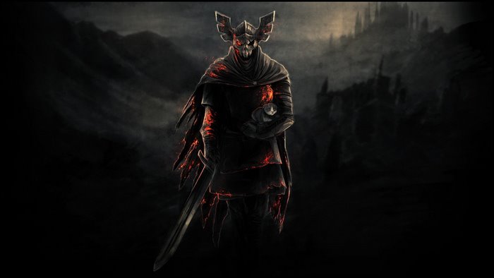 Dark warrior holding a baby with a sword