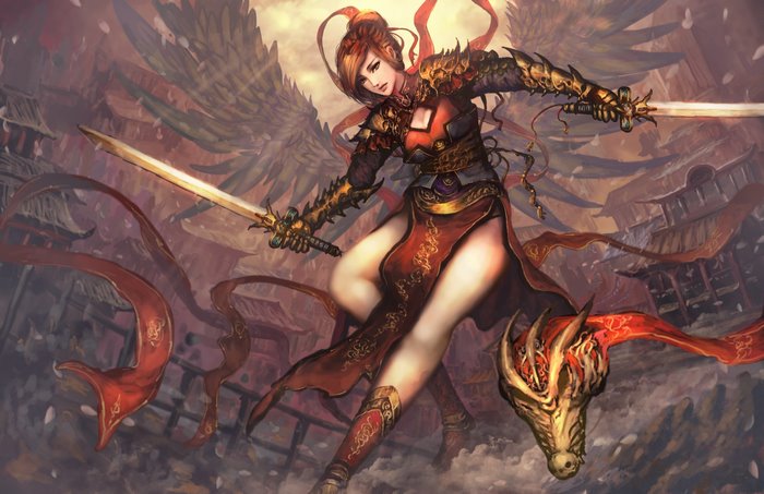 Fantasy warrior woman with swords and dragon