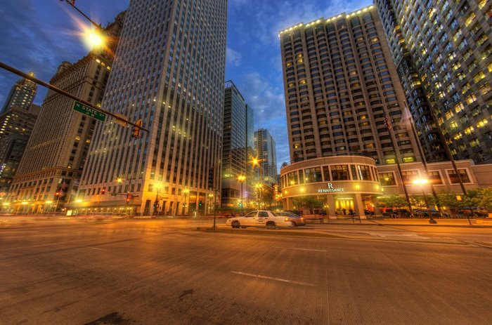 Chicago City Night Lights HDR Building Intersection