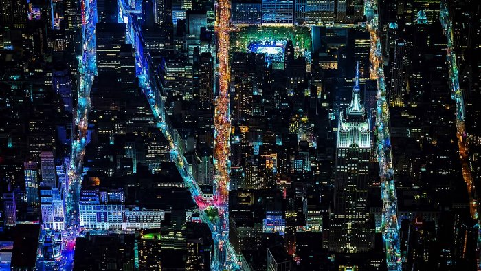 Aerial view of New York City at night