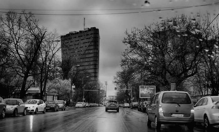 Black and white street scene in Bucharest, Romania