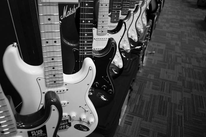 Electric guitars on display