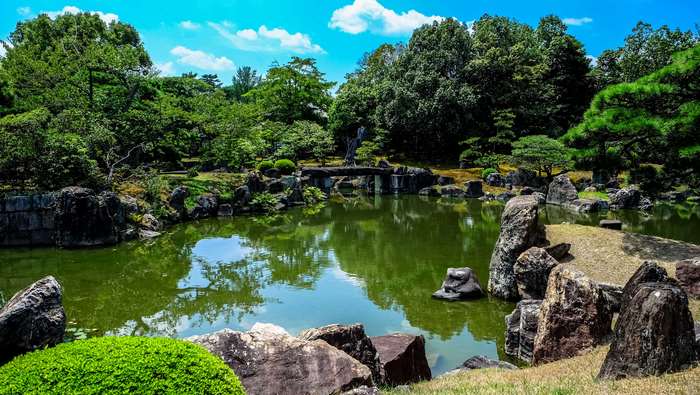 Japanese Garden with Pond and Bridge 4K