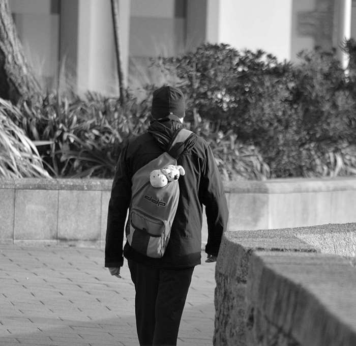 Person walking with stuffed animals in a sling bag