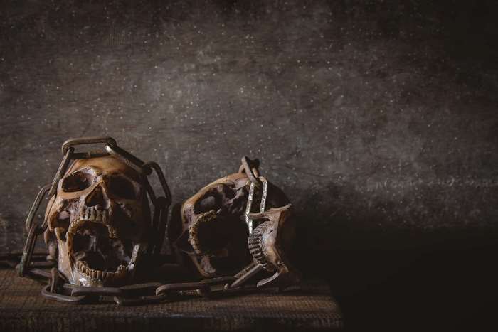 Two skulls chained together on a wooden surface