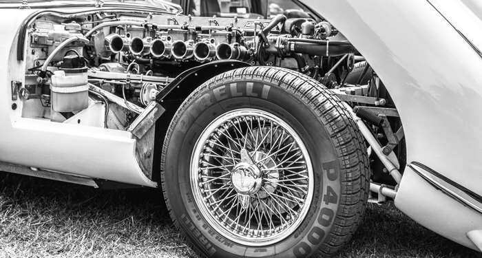 Jaguar E-Type engine and Pirelli tire