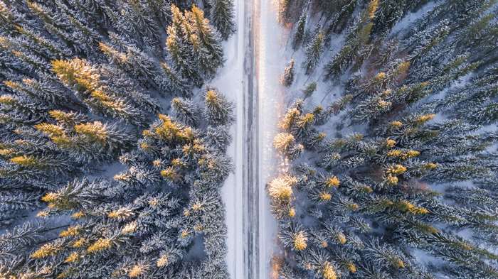 Aerial view of a snowy forest road at sunrise
