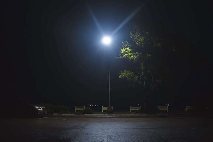 Street light at night with tree and benches
