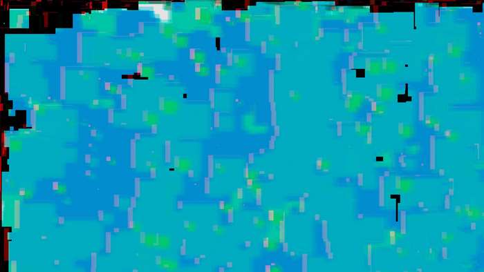 Abstract glitch art with blue, green, and red squares