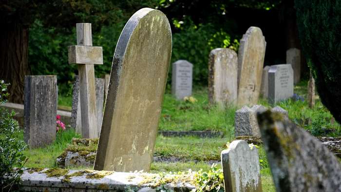 Cemetery with tombstones and trees