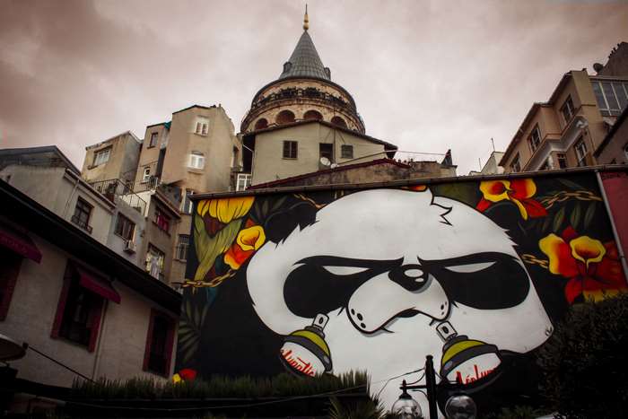 Graffiti panda with Galata Tower in Istanbul
