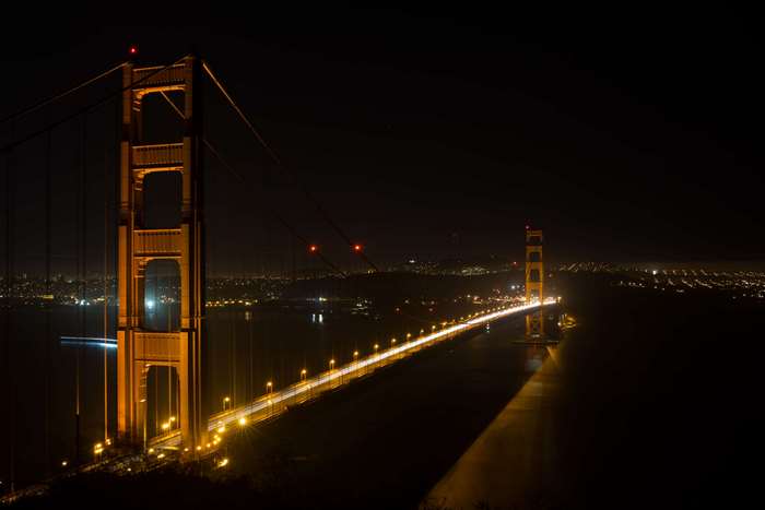 Golden Gate Bridge at night with city lights