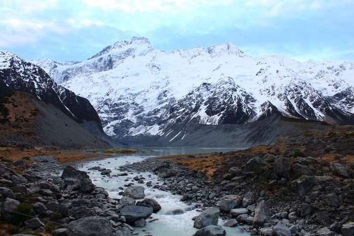 Snow-capped mountains and a glacial river in New Zealand