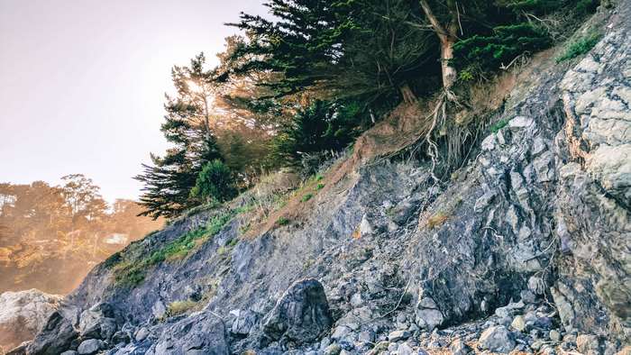 Rocky cliffside with trees and sunset
