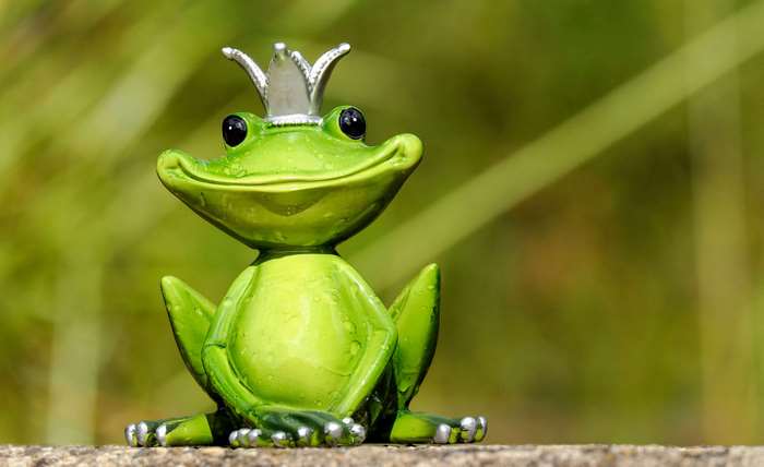 Green ceramic frog figurine wearing a crown