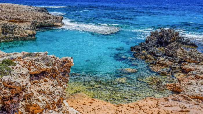 Rocky coast and turquoise sea in Ayia Napa, Cyprus 4K