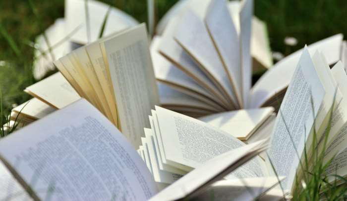 Open books scattered on green grass
