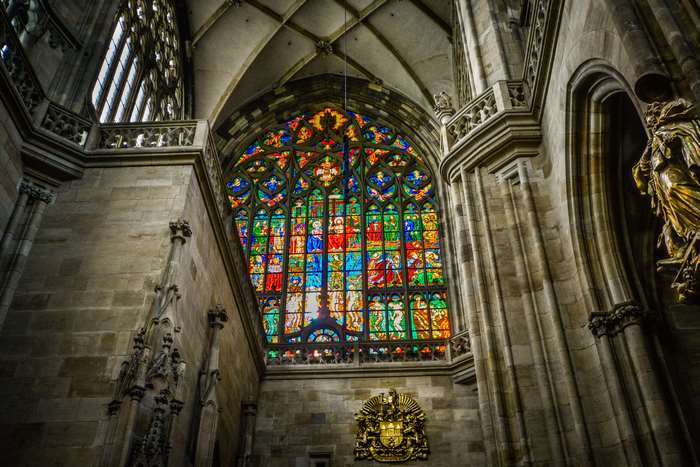 Stained glass window in St. Vitus Cathedral, Prague 4K